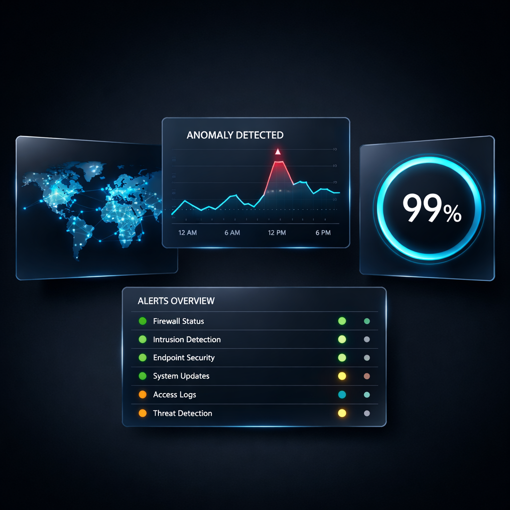 A minimalist highend enterprise security dashboard on a deep charcoalblack background The center features floating 3D Glassmorphism UI panels with sle-3